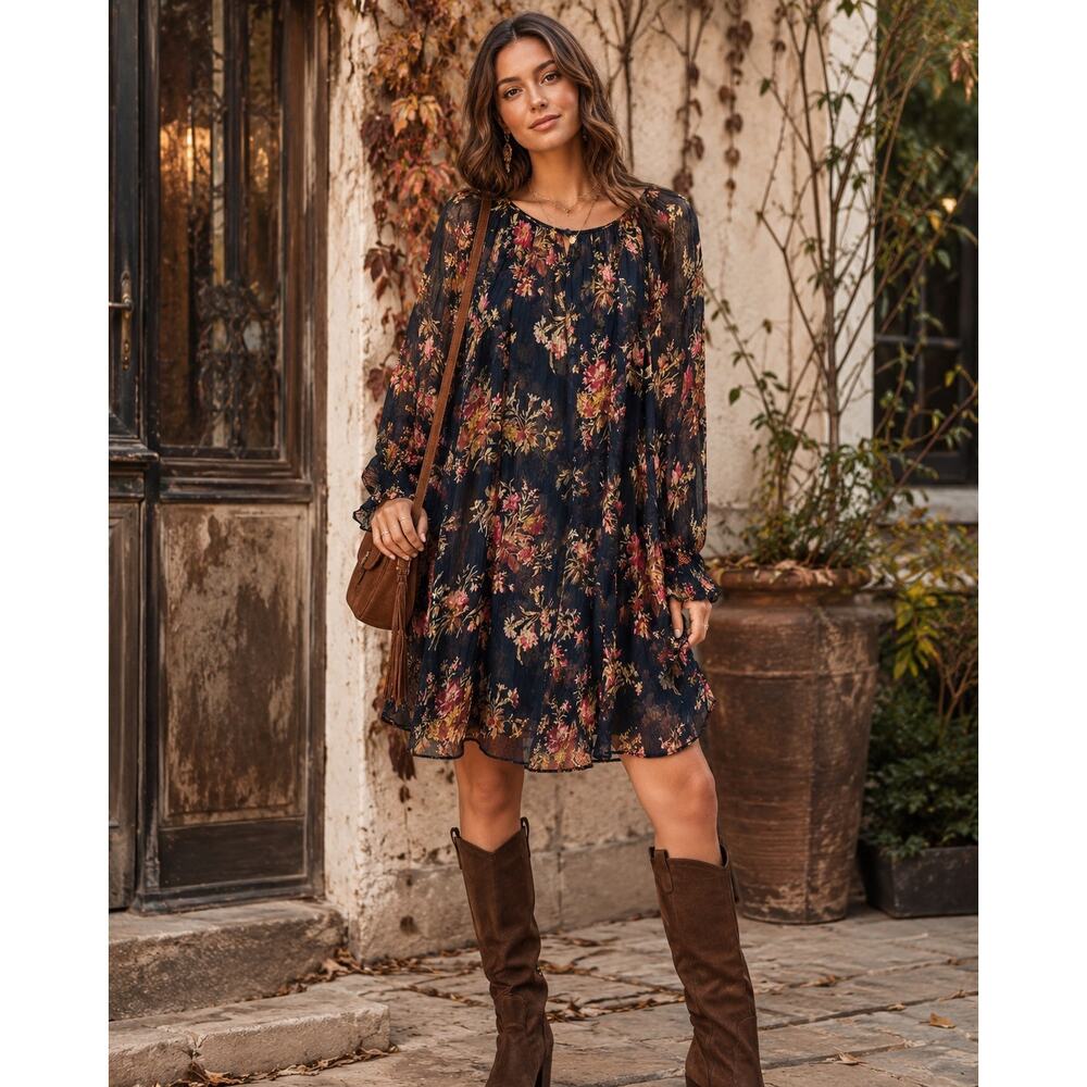 Sundance Women’s Medium Navy Floral Cupro Shift Dress Boho Long Sleeve‎ Lined
